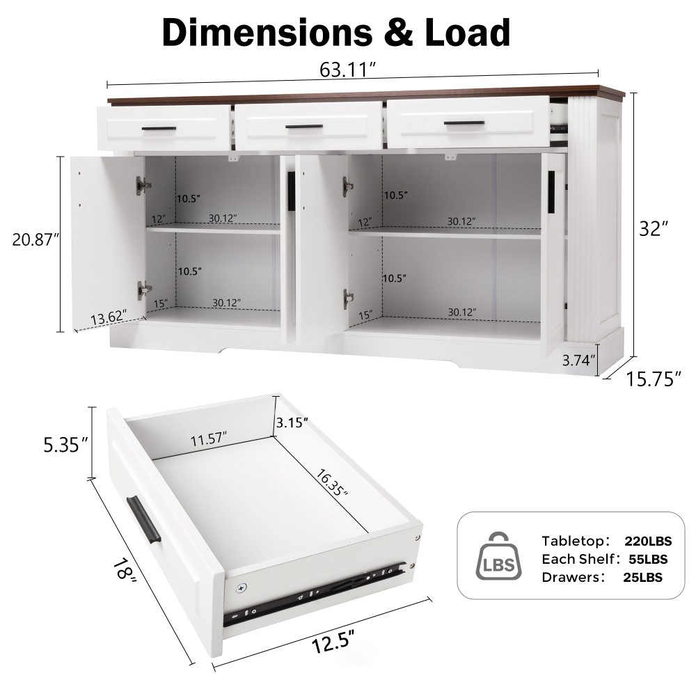 White 63" Buffet Cabinet, Fluted Sideboard w/ 4 Doors 3 Drawers