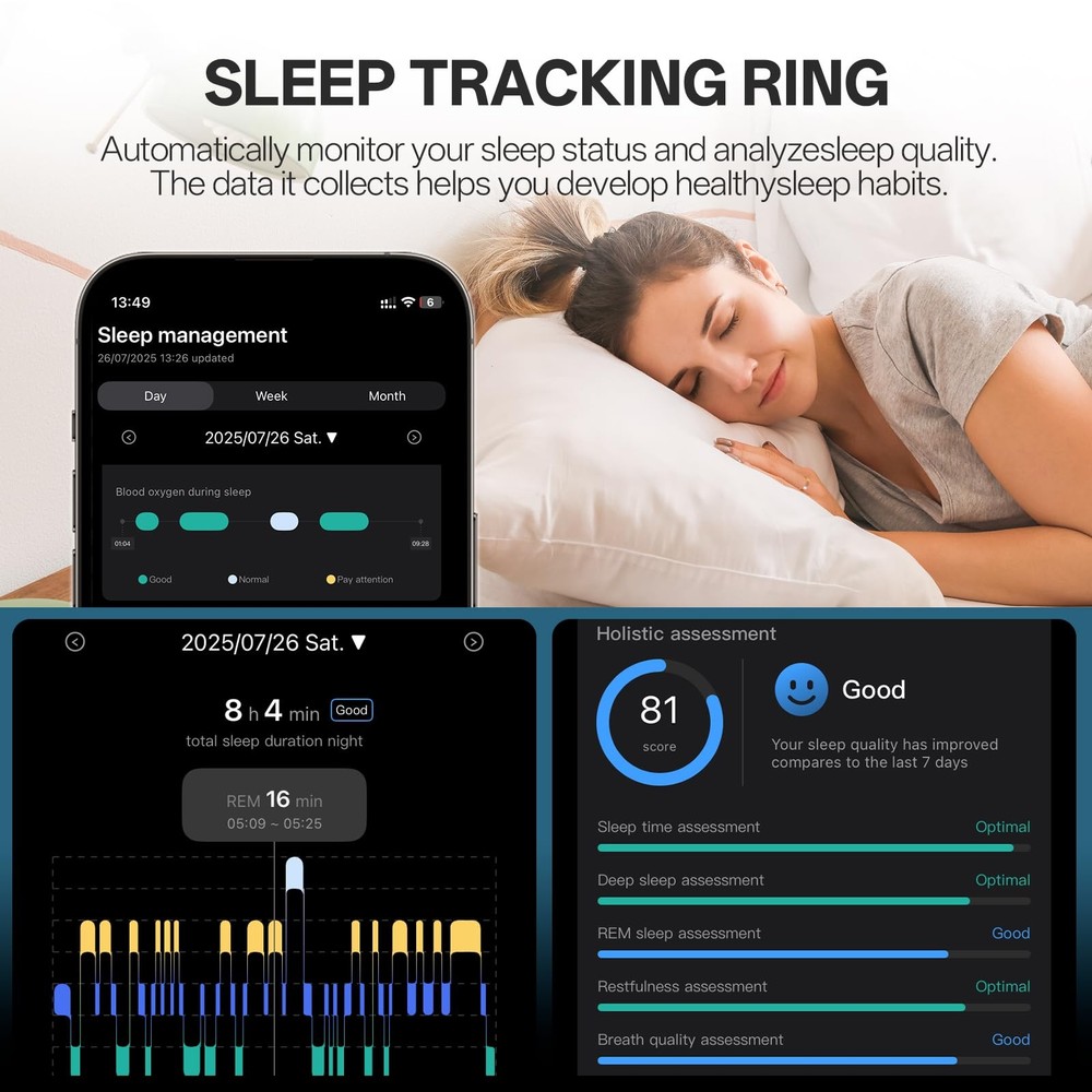 Smart Ring with Vibration Alerts, health tracker ring Body 13#, Silver