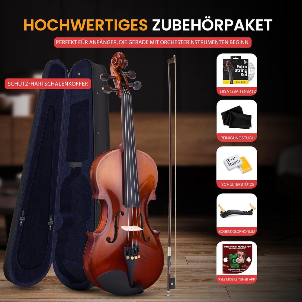 Pyle 1/4 Size Beginner Violin Starter Kit w/ Travel Case & Bow, Extra Strings