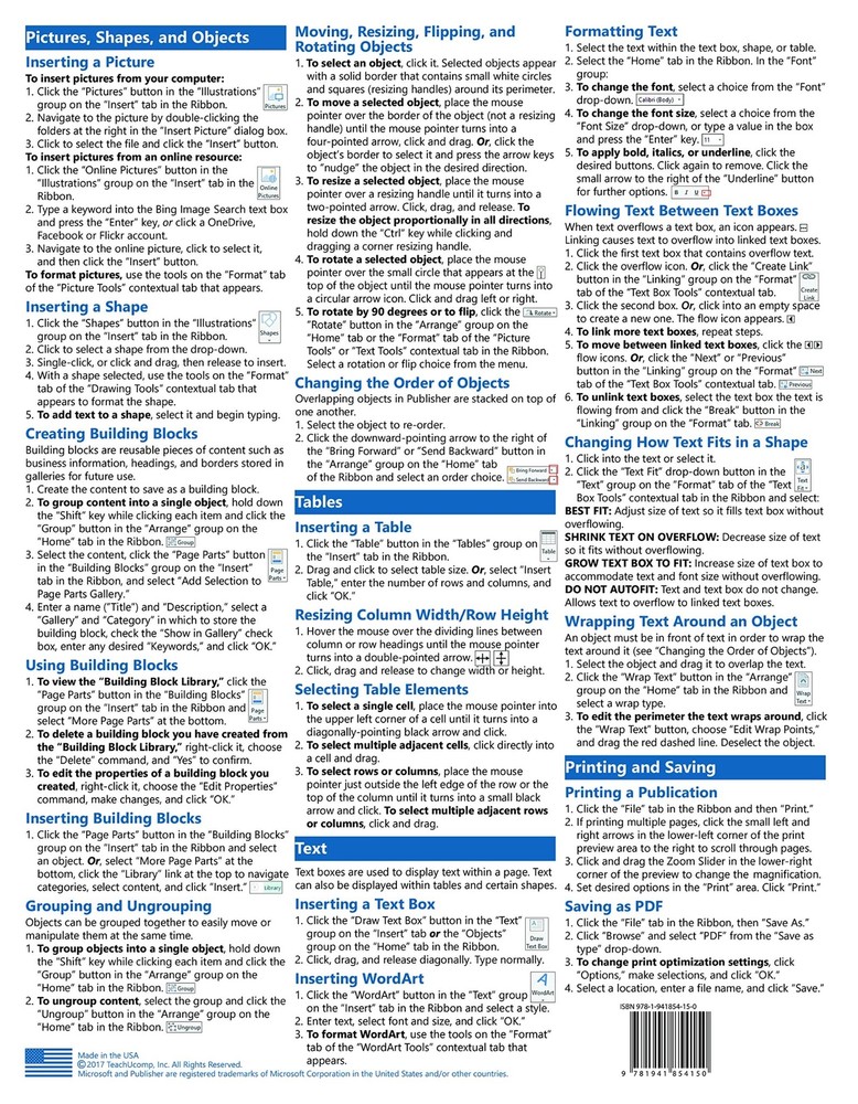 Microsoft Publisher 2016 Training Guide Quick Reference Card 2 Page Cheat Sheet
