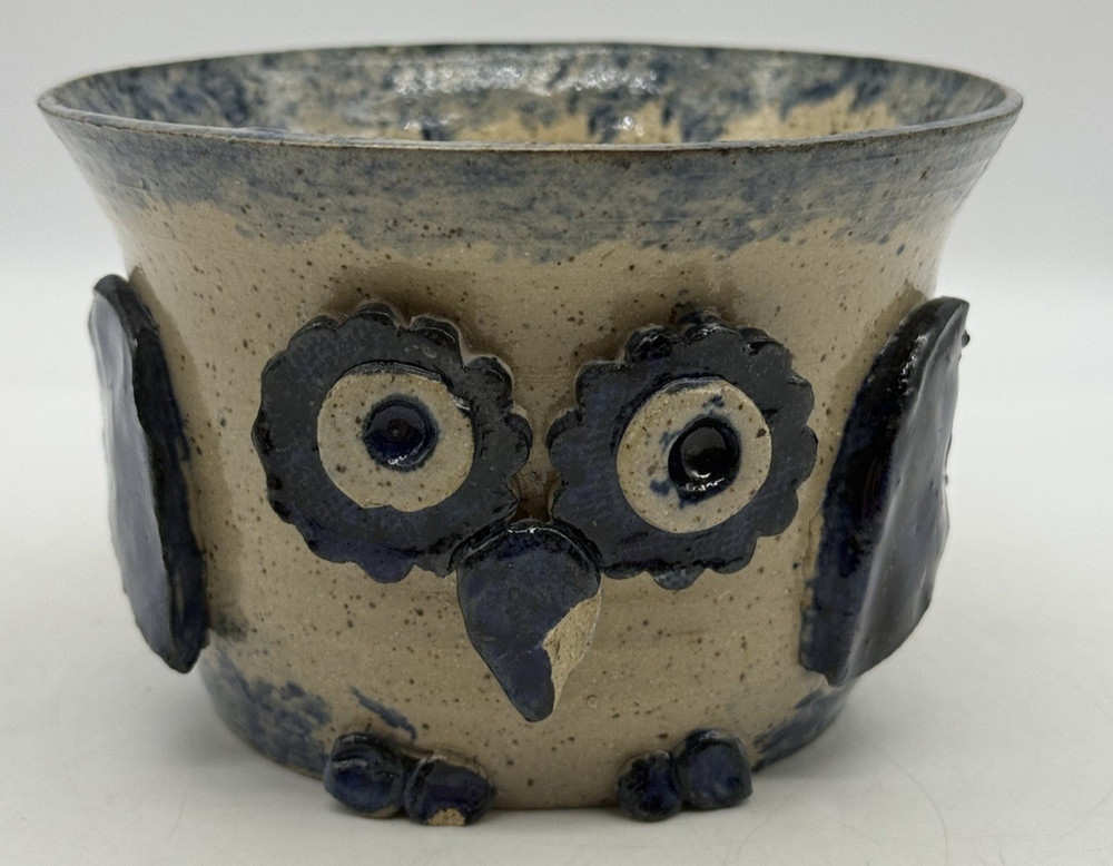Pottery Handmade Owl Planter Pot Beige Blue Signed READ CHIP