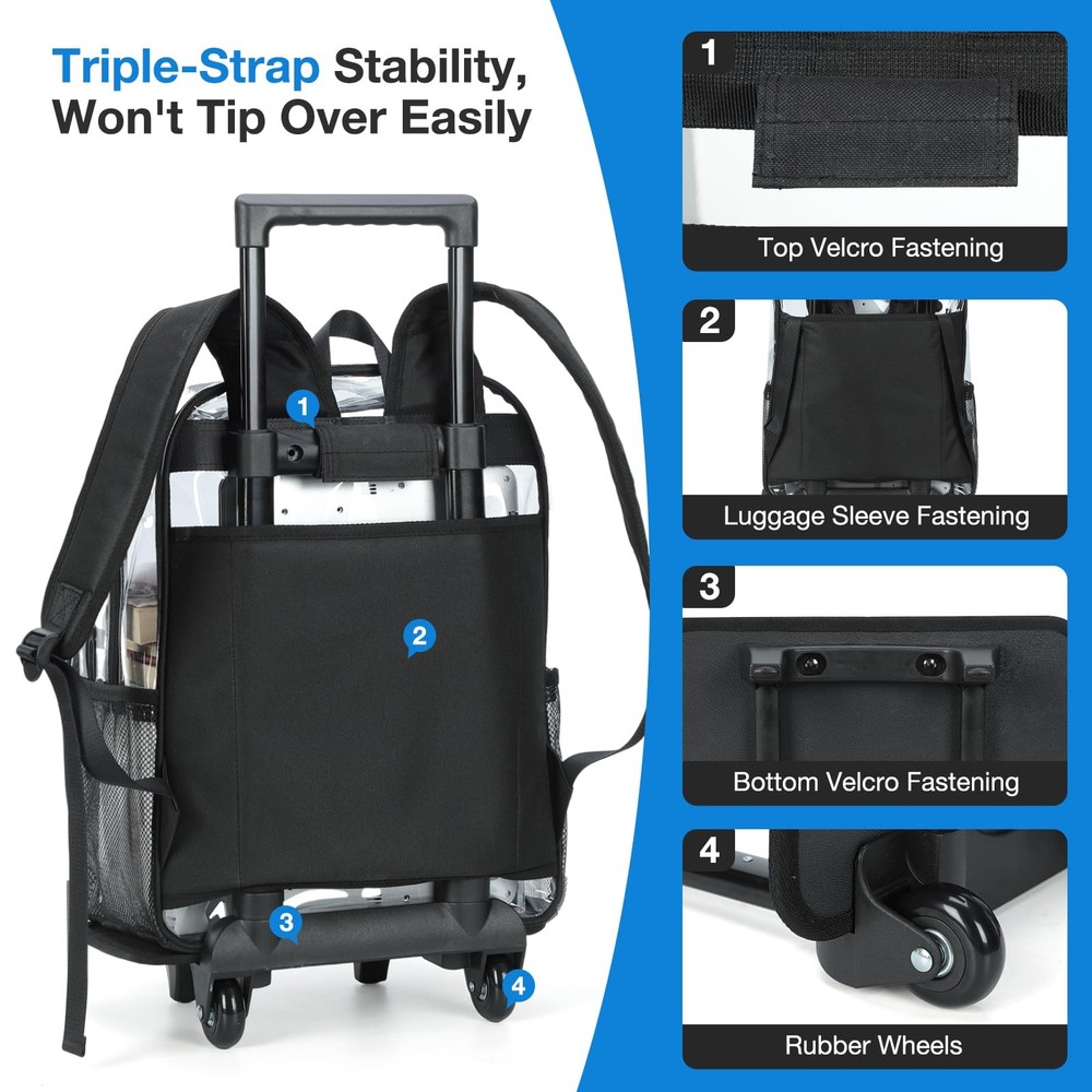 Rolling Clear Backpack Heavy Duty, 3-Stage Telescopic Handle Transparent Book...