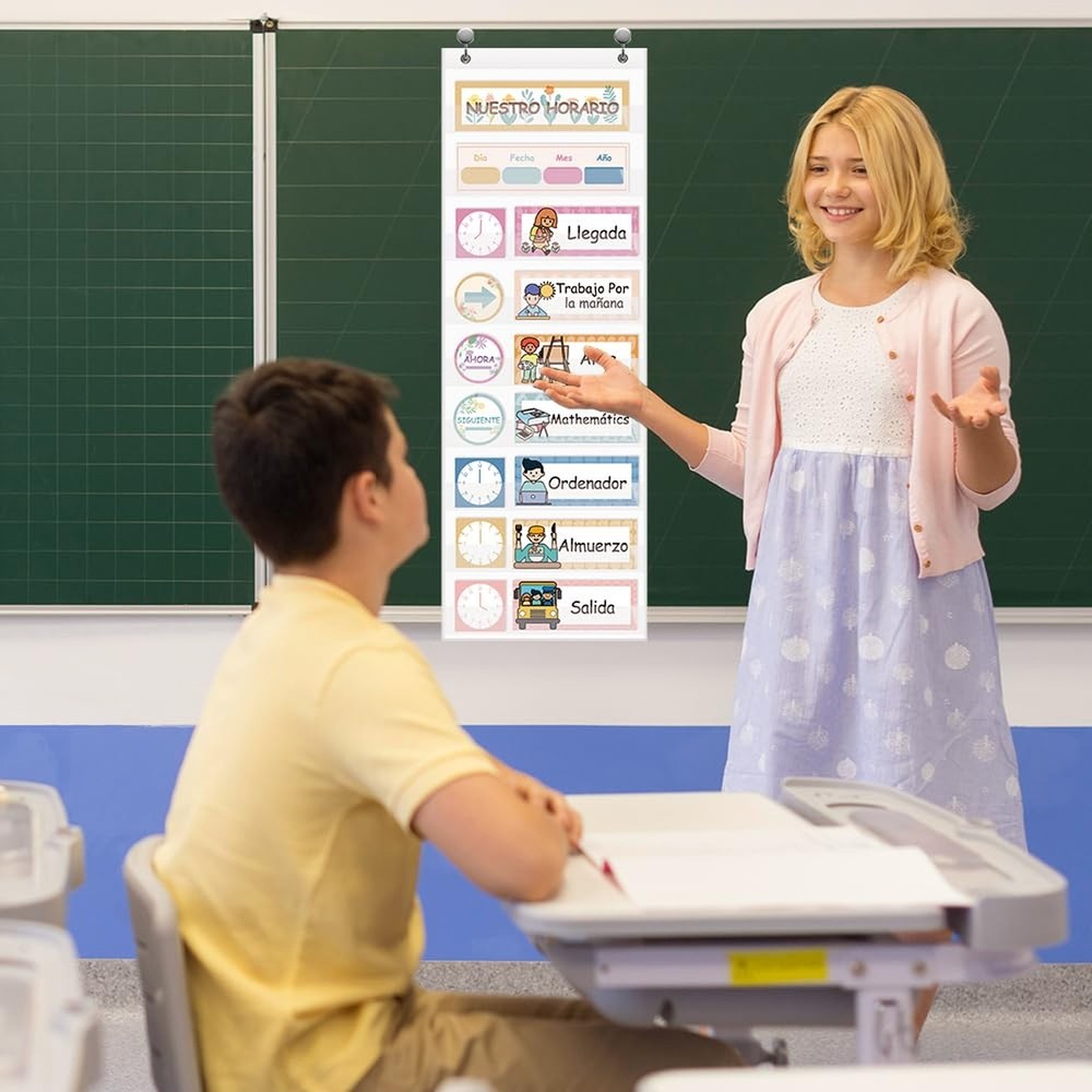 Daily Schedule Pocket Chart, Visual Schedule with 42 Reusable Dry-Eraser Card...