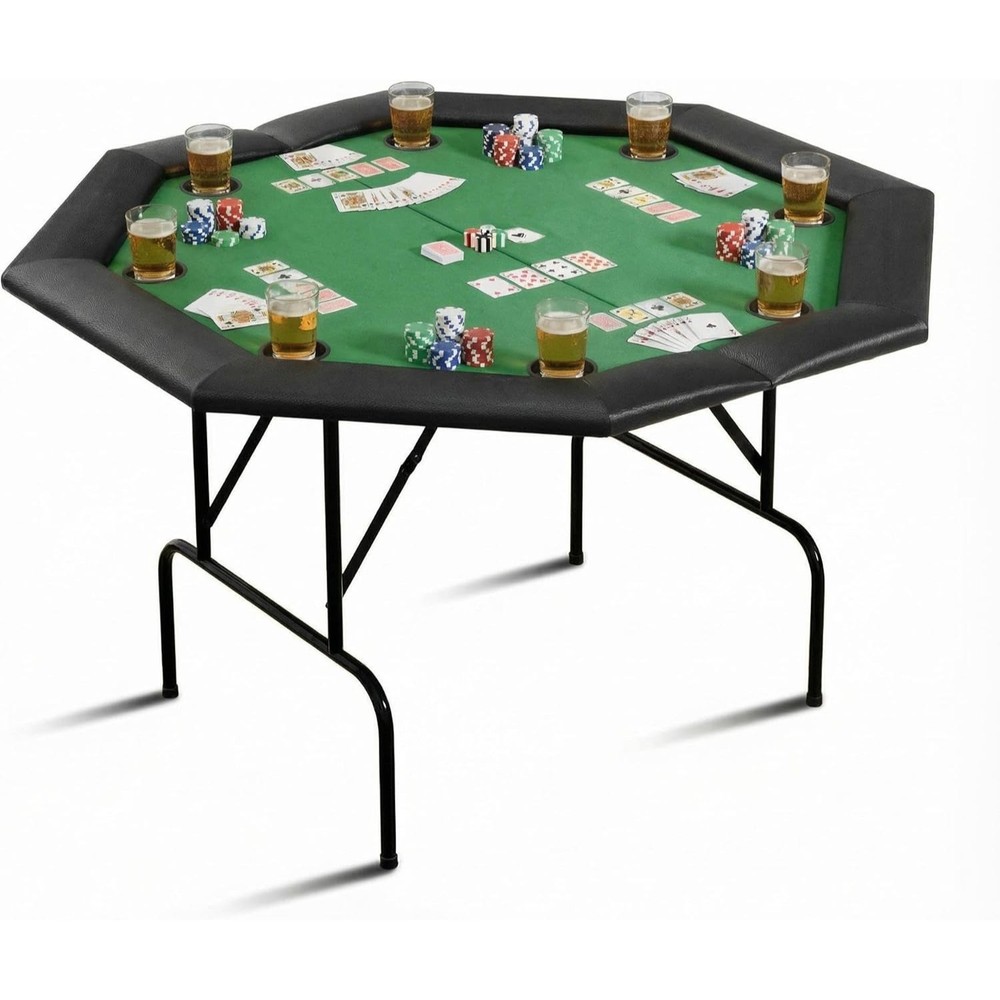 8 Player Poker Table Foldable, Octagonal Texas Hold'em Table with Cup Holders