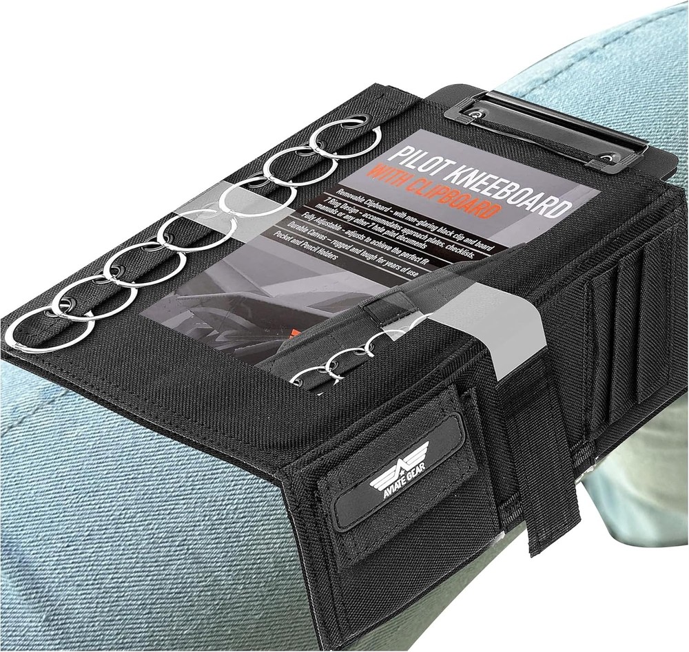 Adjustable Pilot Kneeboard with Removable Clipboard and 7 Ring Document Holder