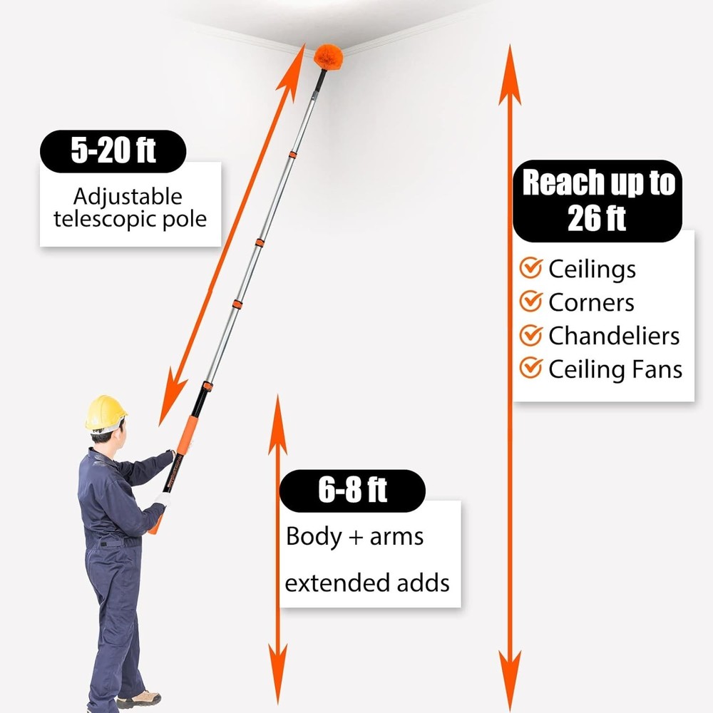 Extendable Cobweb Duster 26FT - Lightweight Aluminum Pole, Scratch-Free
