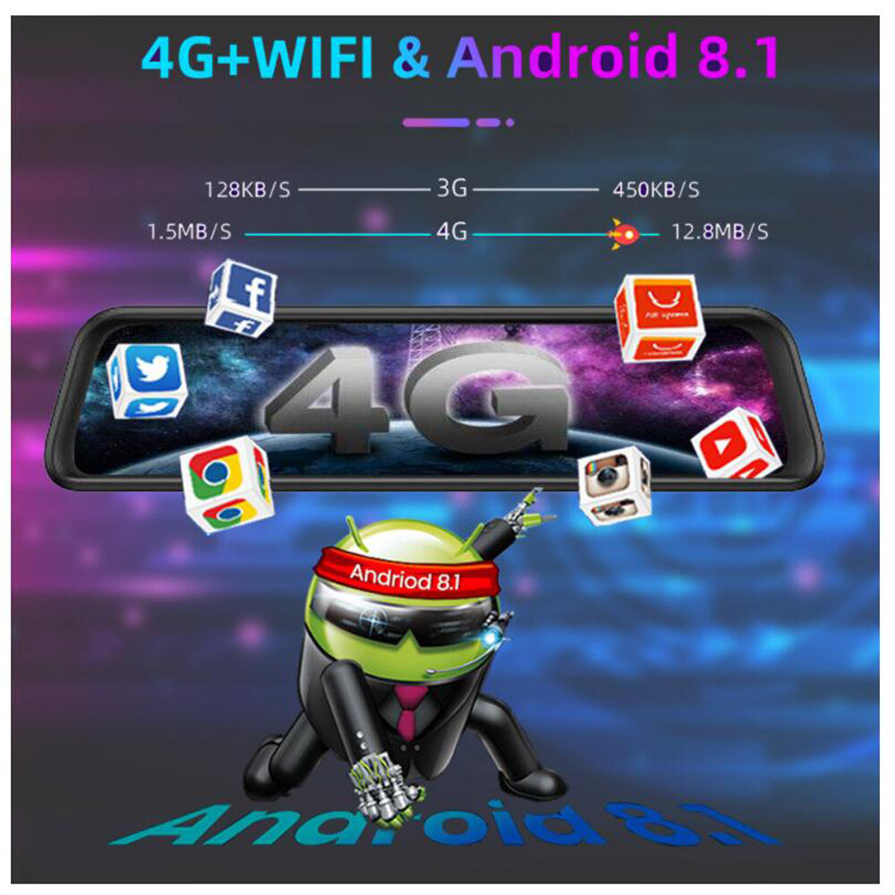 12" Full Touch IPS Special 4G Car DVR Camera Android Wifi smart rear view mirror