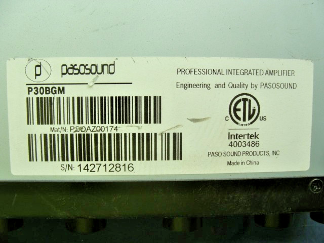 PASOSOUND P30BGM PROFESSIONAL INTERGRATED AMPLIFIER 120V 30W