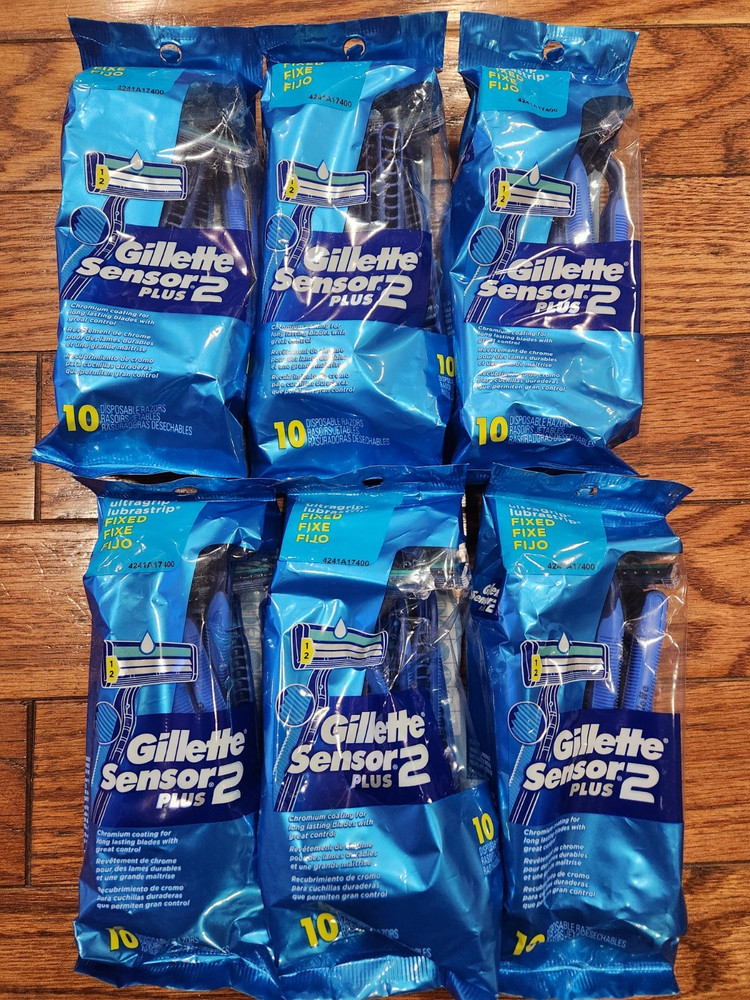 6 PACK GILLETTE SENSOR2 PLUS 10 DISPOSABLE RAZORS EACH ULTRAGRIP FIXED CHROMIUM