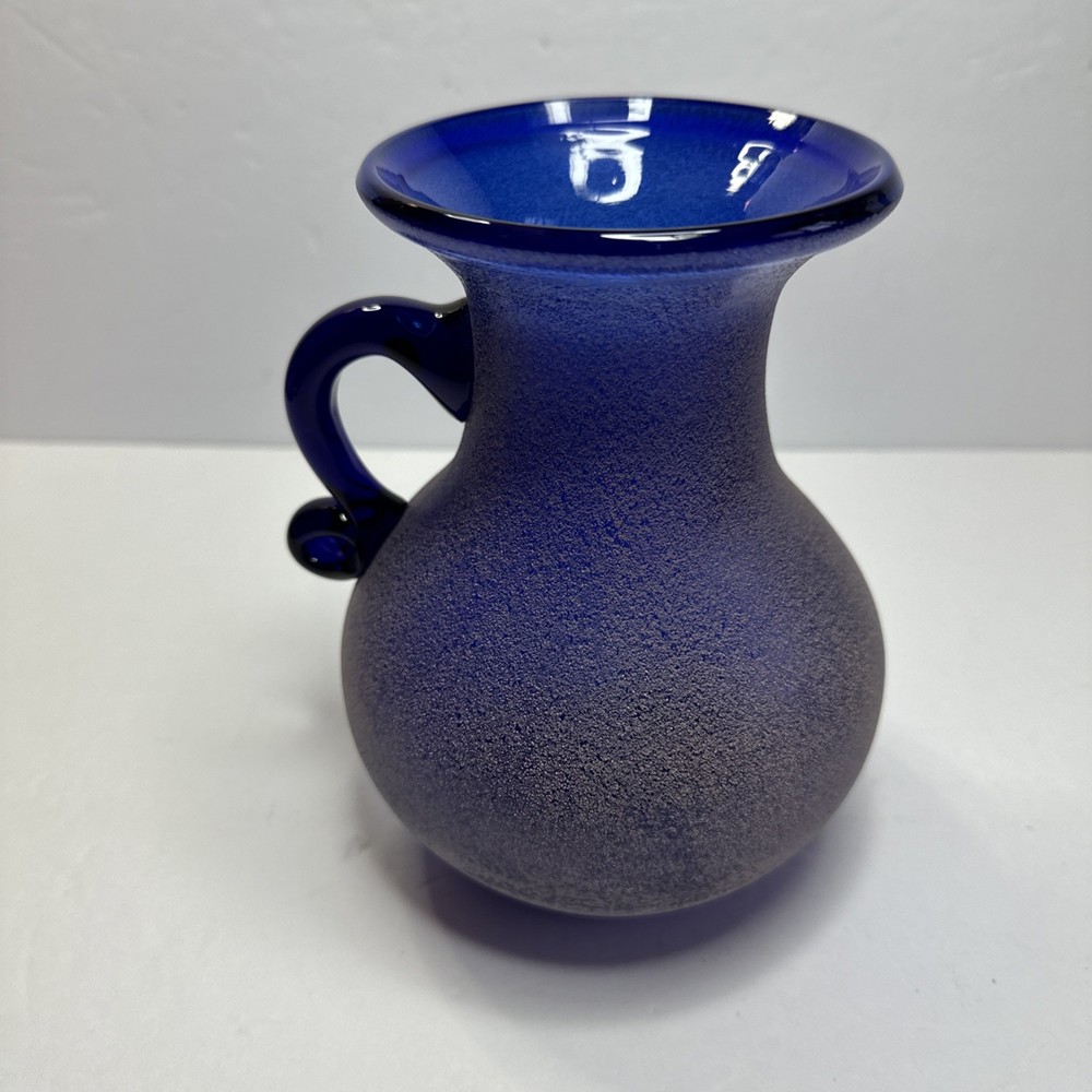 Cobalt blue pitcher/ Vase with textured finish decorative handle