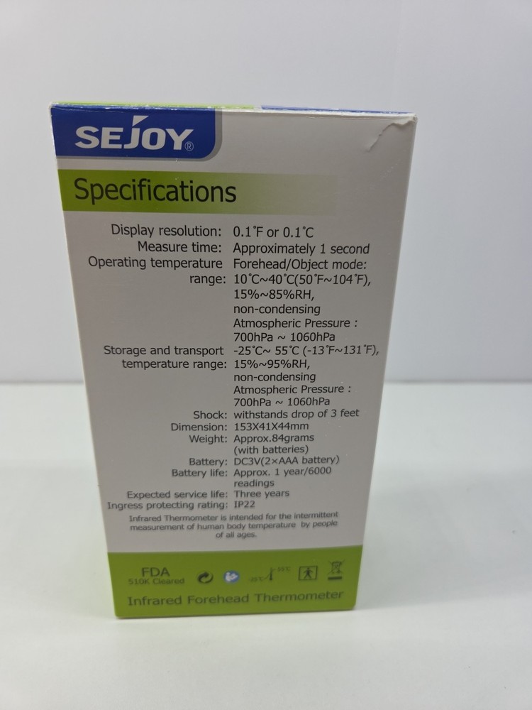 Sejoy Digital Forehead Thermometer - White - New