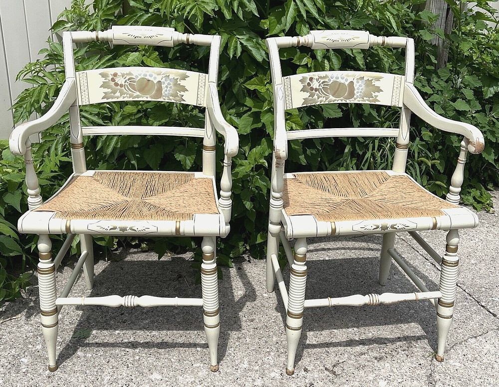 Pair Vintage Solid Lambert Hitchcock Ivory Harvest Rush Bottom Armchairs
