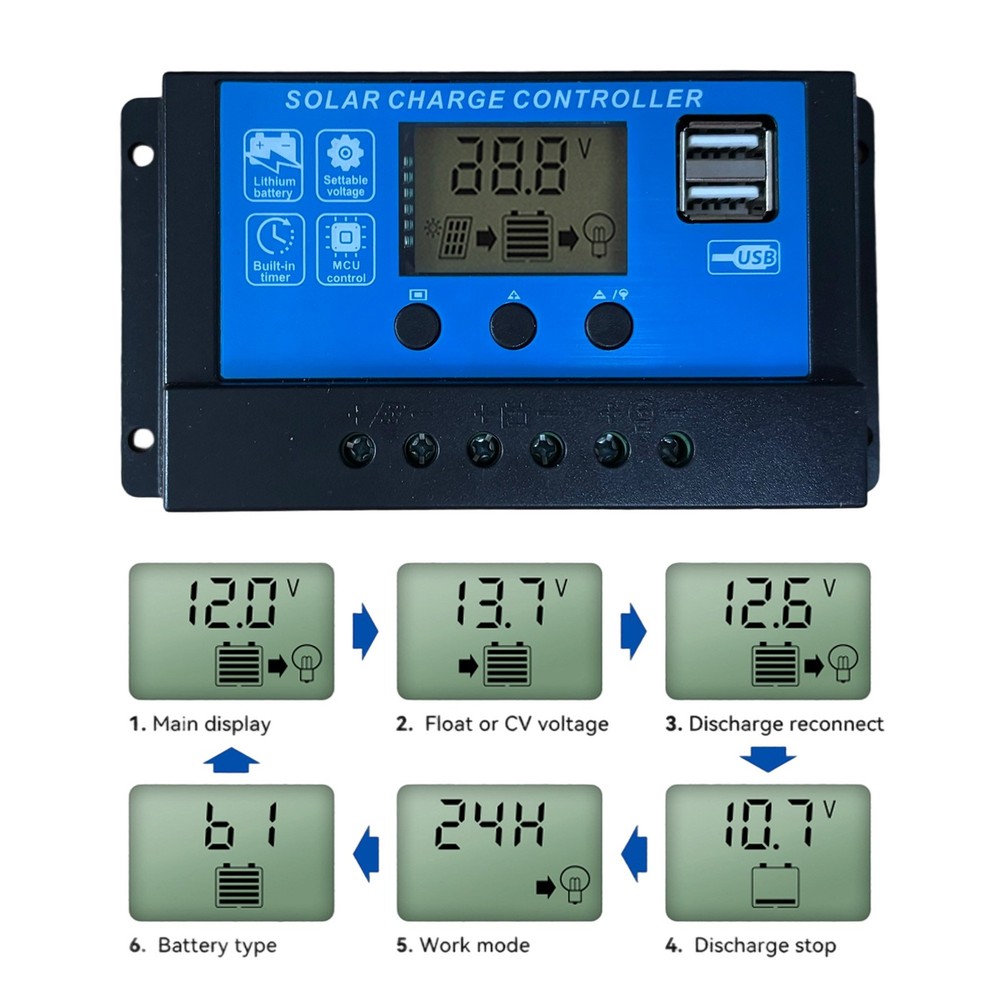30A Solar Panel Battery Charge Controller 12V/24V LCD Regulator Auto Dual USB