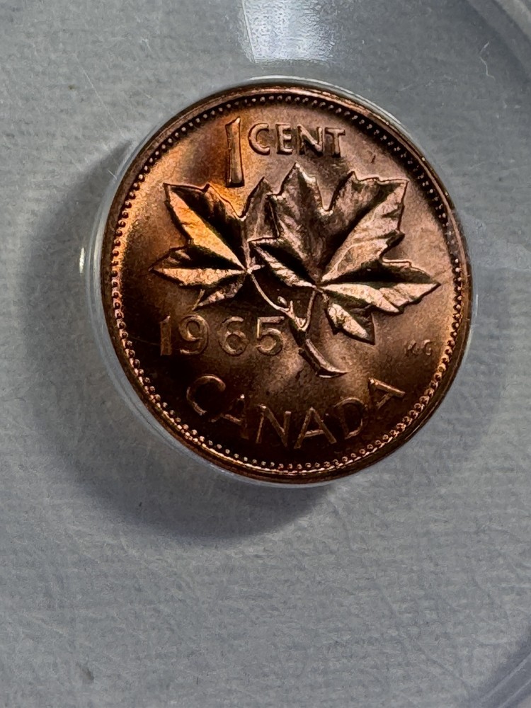 1965 Canada 1 Cent Type 4 Large Beads Pointed 5 Graded MS 65 RD by ANACS