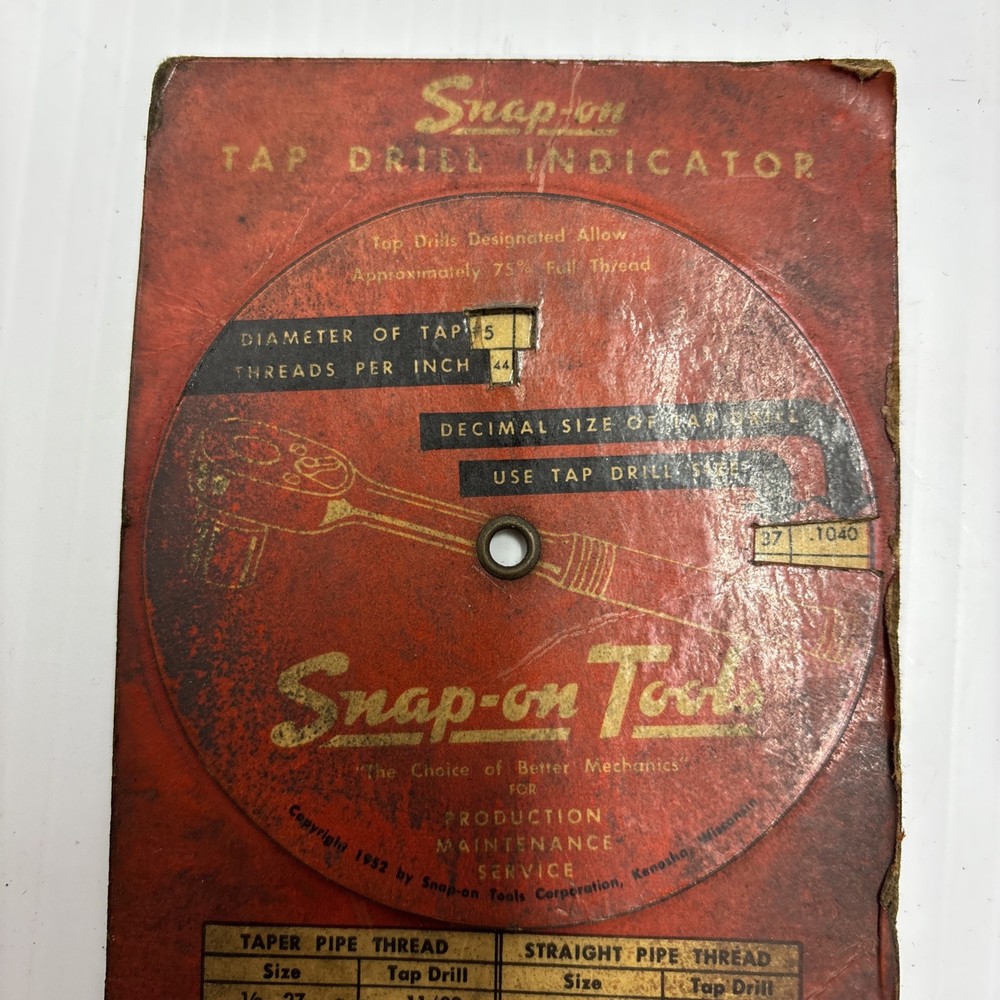Snap-on Tools 5-52 Tap Drill Size Indicator Circular Round Slide Rule Chart 1952