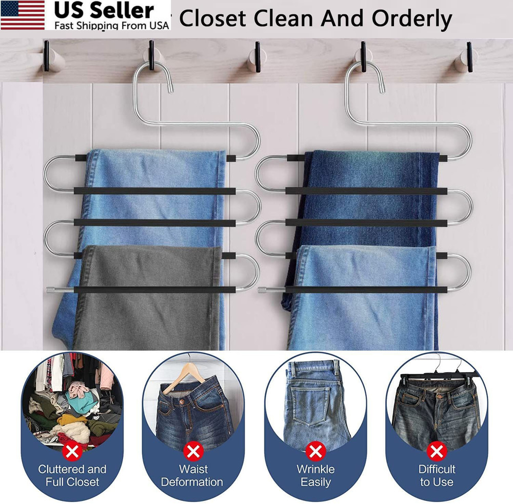 Skroad Pants Hangers Space Saving,2 Pack S-Type 2 Pack, Classic Silver/Black