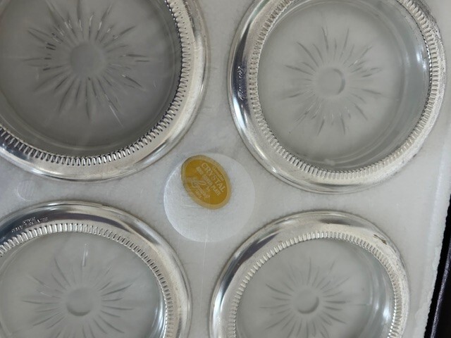 Leonard Crystal and Silver Plate Coasters Italy NIB
