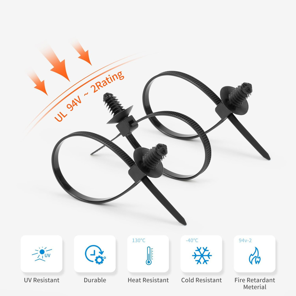 110 PCS Automotive Installation Black Push Mount Cable Zip Ties Assorted Sizes