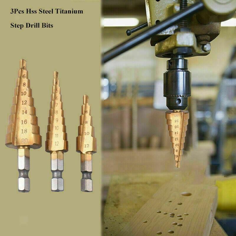 3Pcs HSS Step Cone Drill Bit Set Titanium Hole Cutter Tool with Pouch Metric