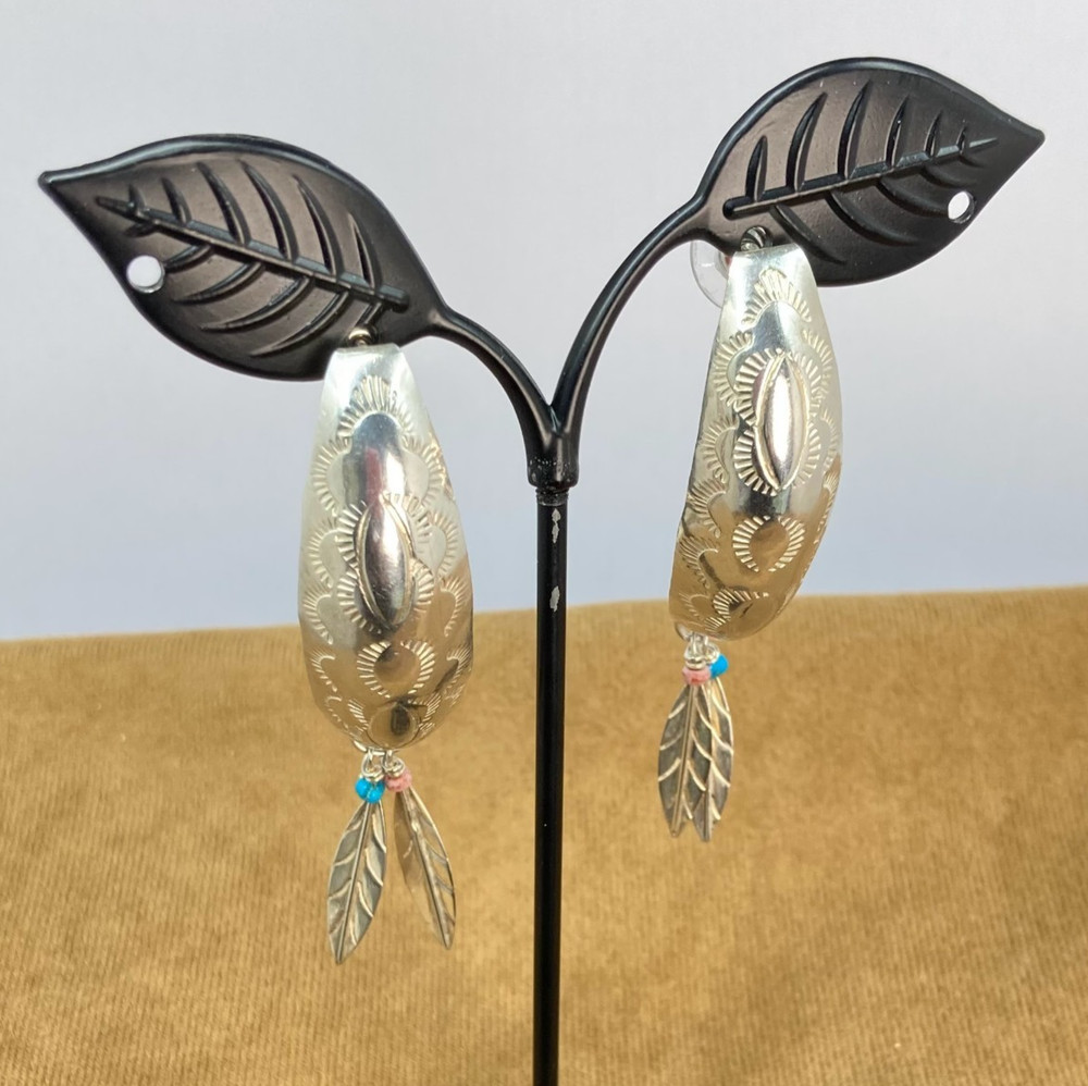 925 Sterling Silver Southwest Dangle Drop Post Earrings ~ Stampwork ~ 3" x .75"