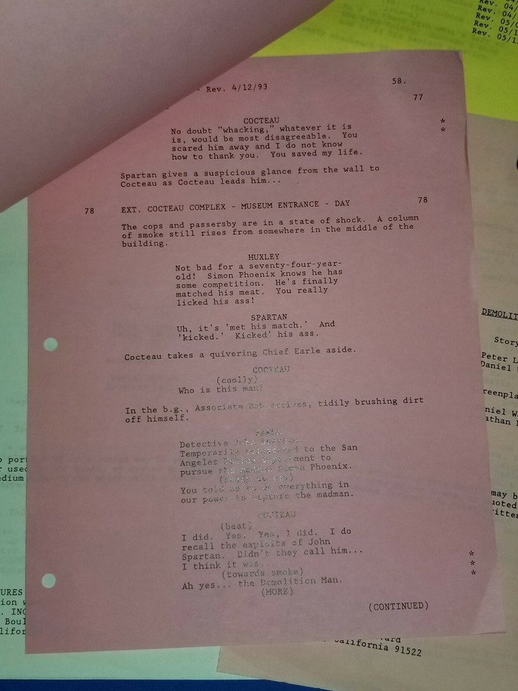 DEMOLITION MAN 1993 original script revisions SYLVESTER STALLONE SNIPES BULLOCK