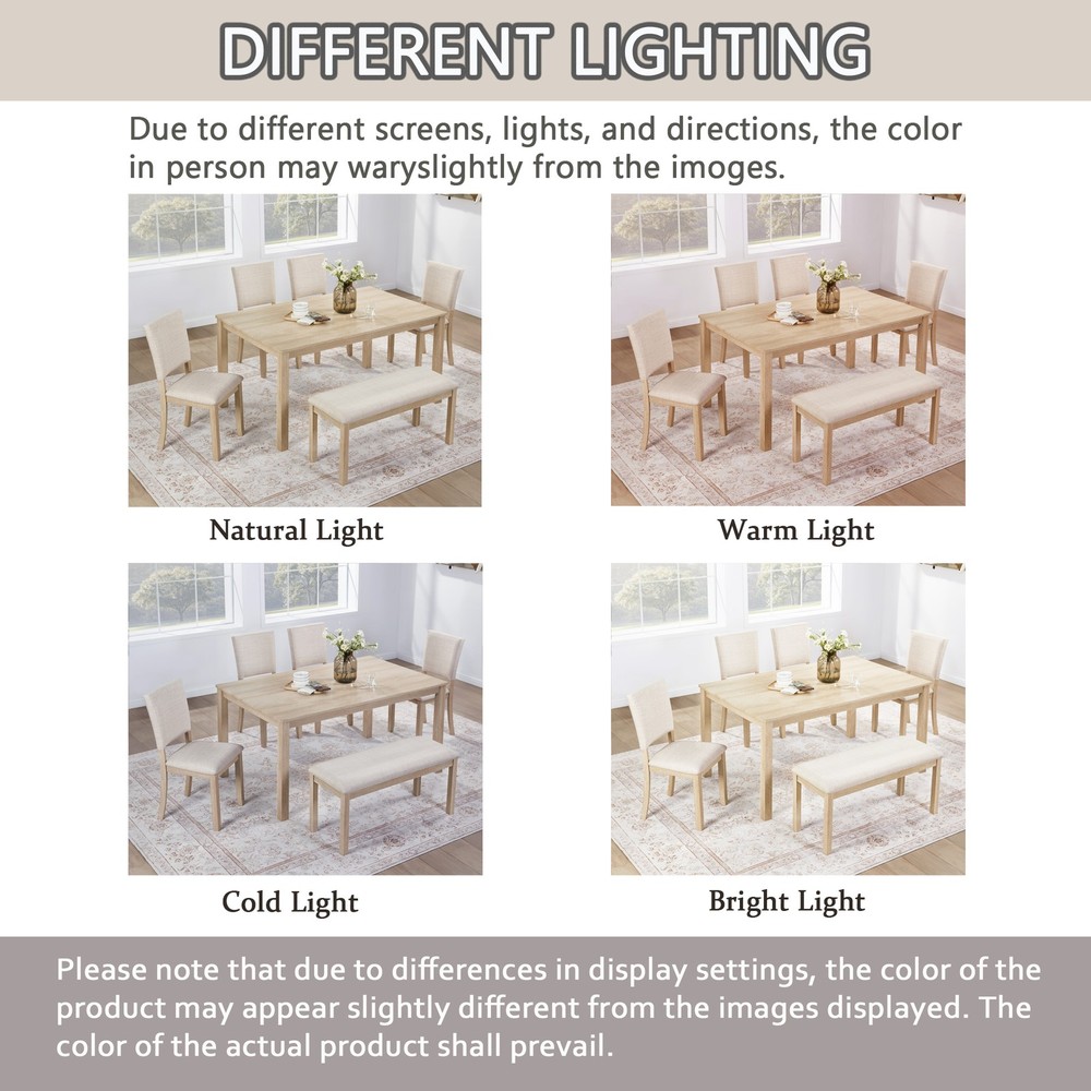 6Pcs Dining Table Set with Bench, Wooden Rectangular Kitchen Table Set Modern