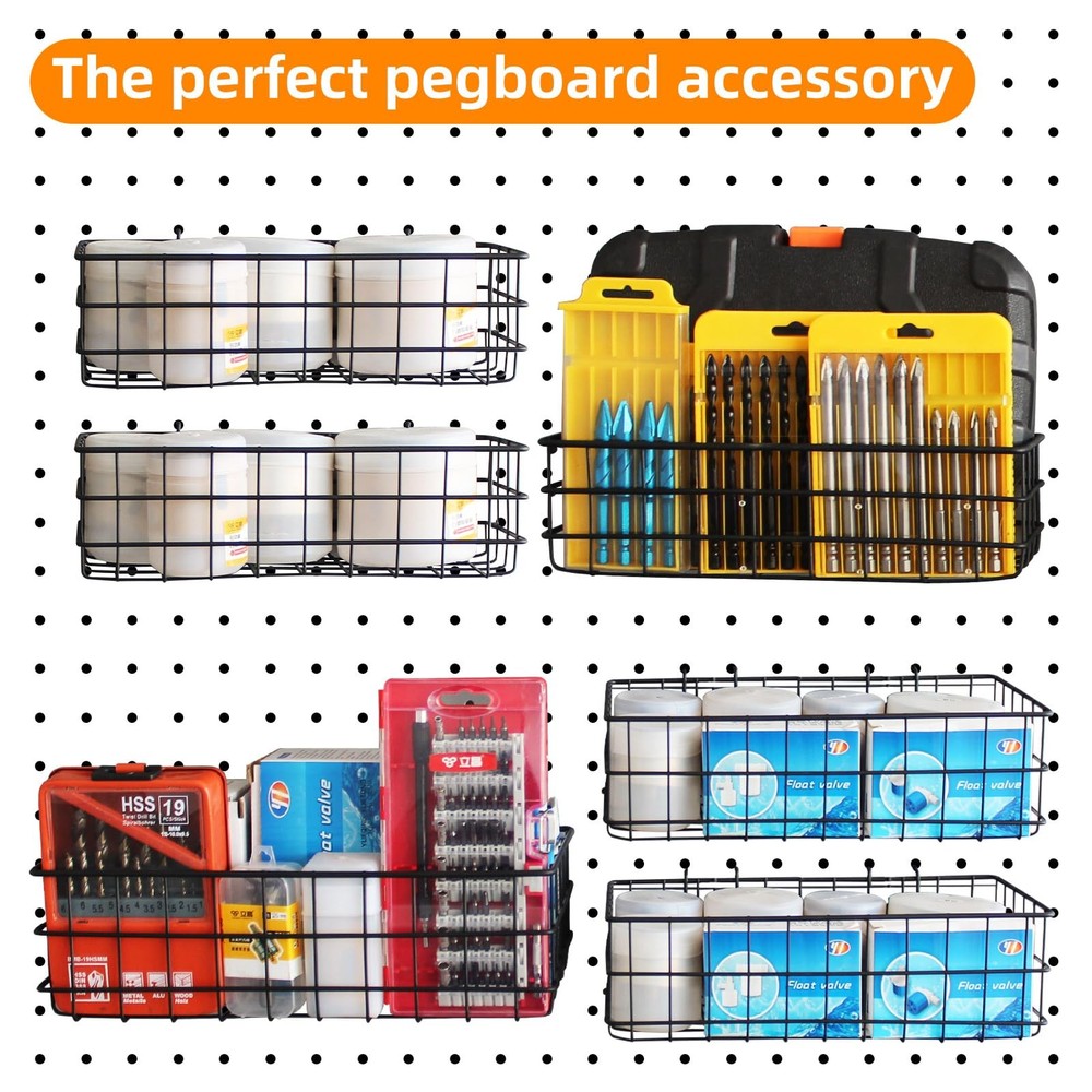 NOEAIKE 4 Pack Pegboard Baskets Hooks Set, Square Style 4 Size Peg Board Orga...