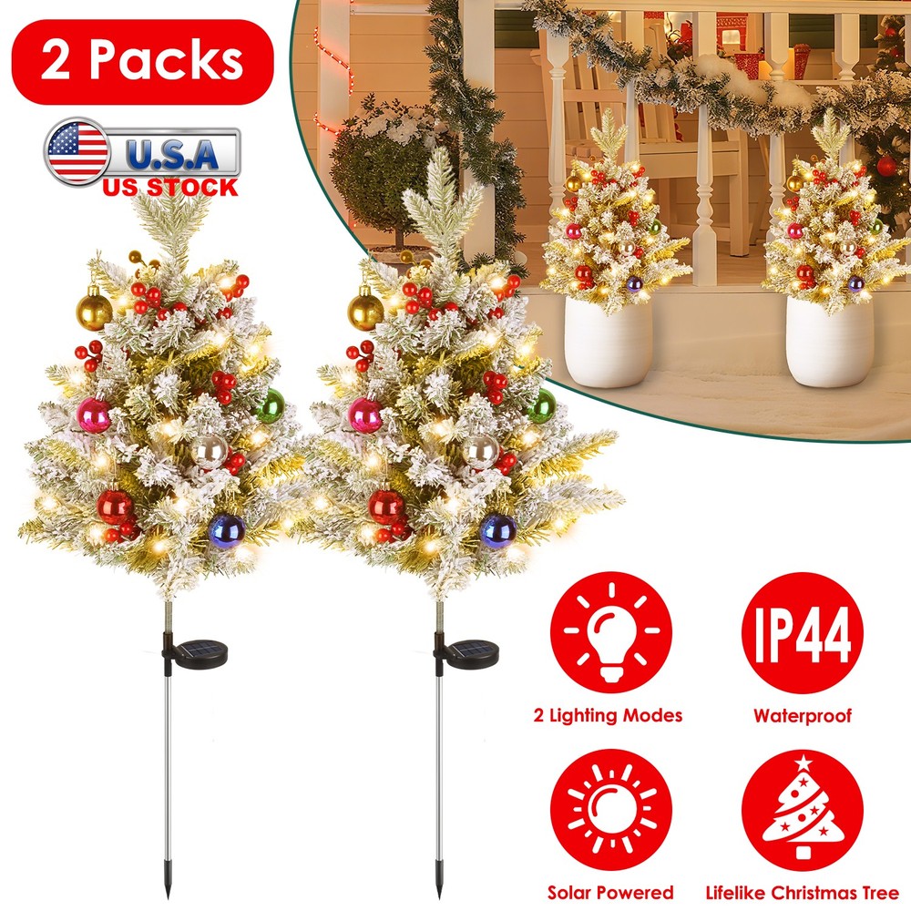 2Pack Lighted Artificial Christmas Tree with Solar String Lights Yard Decoration