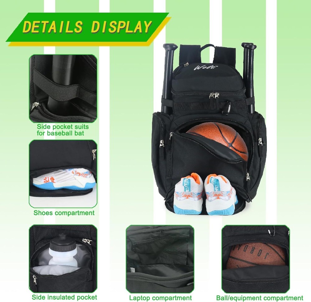 Wolt | Basketball Backpack Bag with Separate Ball Compartment Large, Black