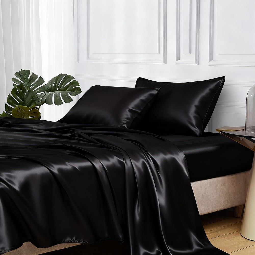MR&HM Satin Bed Sheets, Queen Size Sheets Set, 4 Pcs Silky Bedding Set with E...