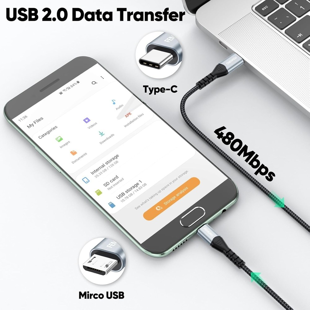 USB C to Micro USB Cable 6 Inch Short, 480Mbps Data Transfer & 12W Charging USB-