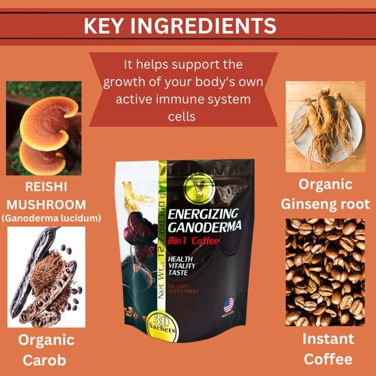 VM Energizing Instant Coffee Mix – Reishi (Ganoderma) + Ginseng & Carob – 30 S
