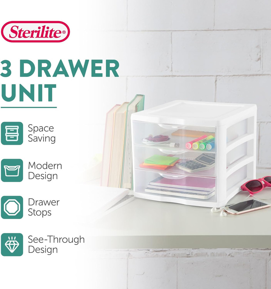 4-Pack 3 Drawer Unit, Stackable Plastic Organizer with Drawers, White Frame - Mu