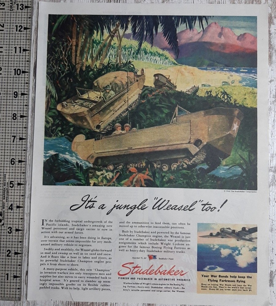 1945 Studebaker Wartime Vintage Print Ad Weasel Amphibious Wright Cyclone WWII