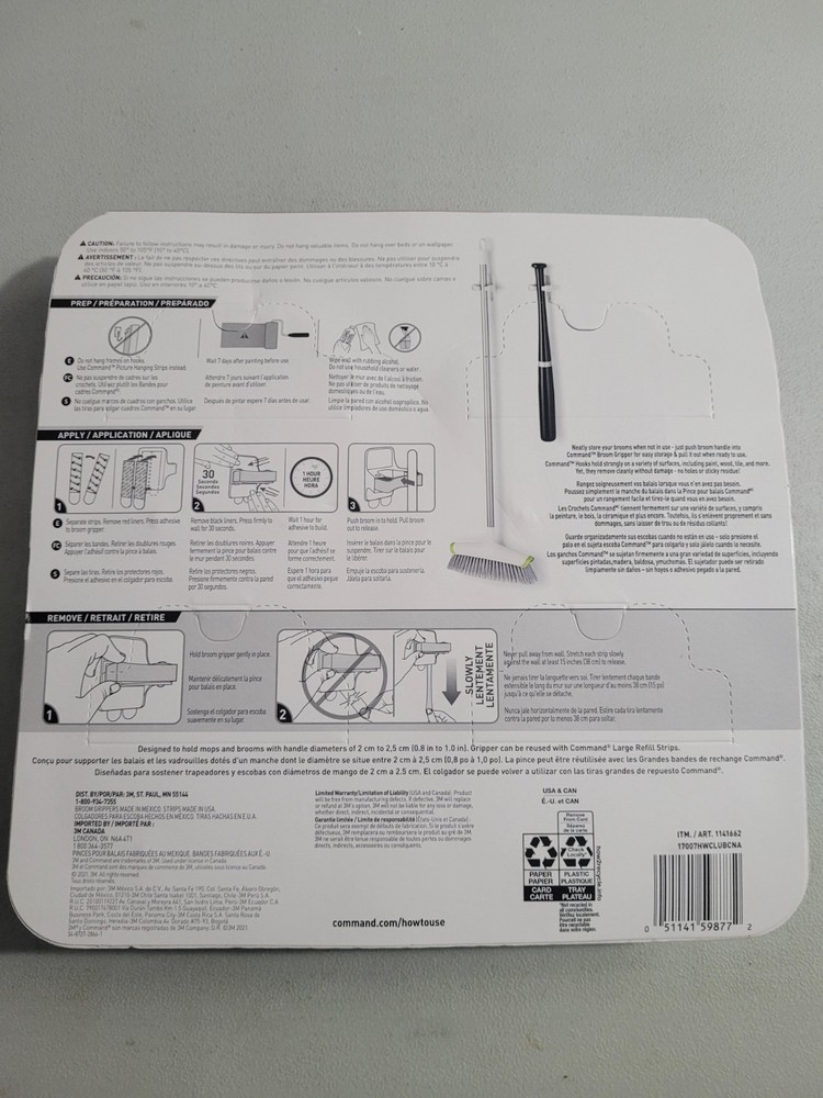 3M Command Adhesive Wall Mounted Broom/Mop Grippers 4-pack
