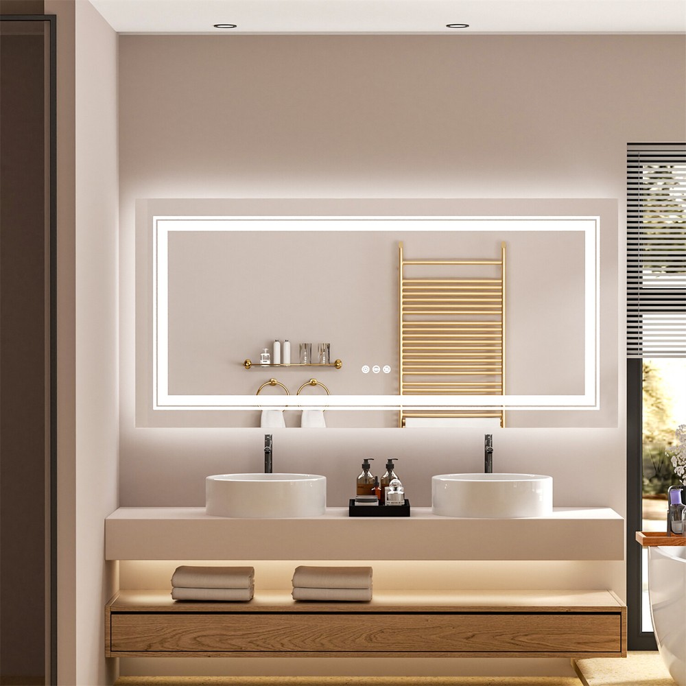 Extra Large Antifog LED Wall Bathroom Vanity Mirror with Front and Backlit Light
