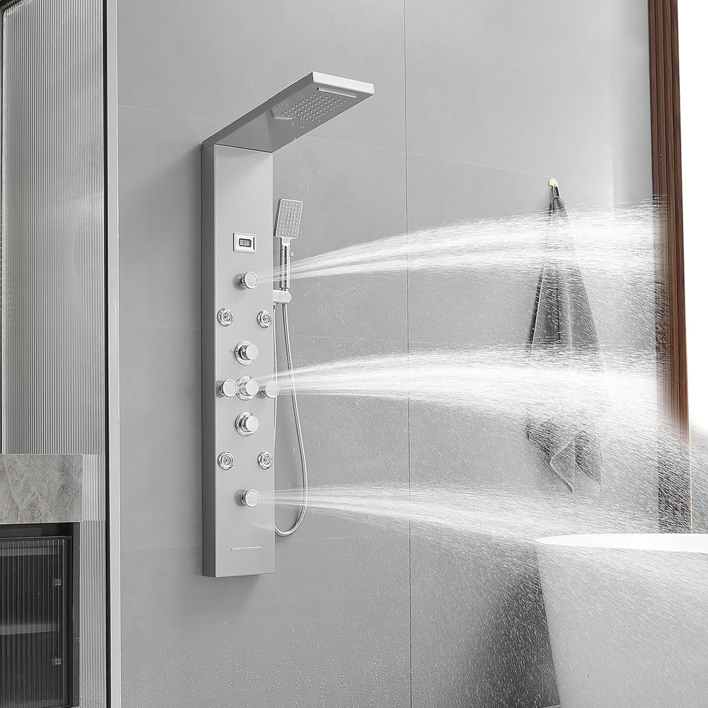 Shower Panel Tower System with Rainfall Waterfall Head and Adjustable Massage Bo