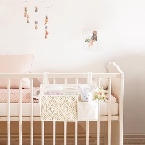 Bedside Caddy Hanging Organizer, Boho Macrame Storage with Fixed Straps and