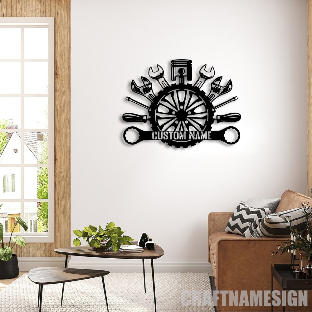 Custom Mechanic Tools Metal LED Sign, Personalized Garage Name