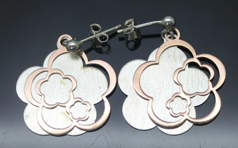 CHARMING SLIDING DANGLE FLOWERS TWO TONE STERLING SILVER POST EARRINGS