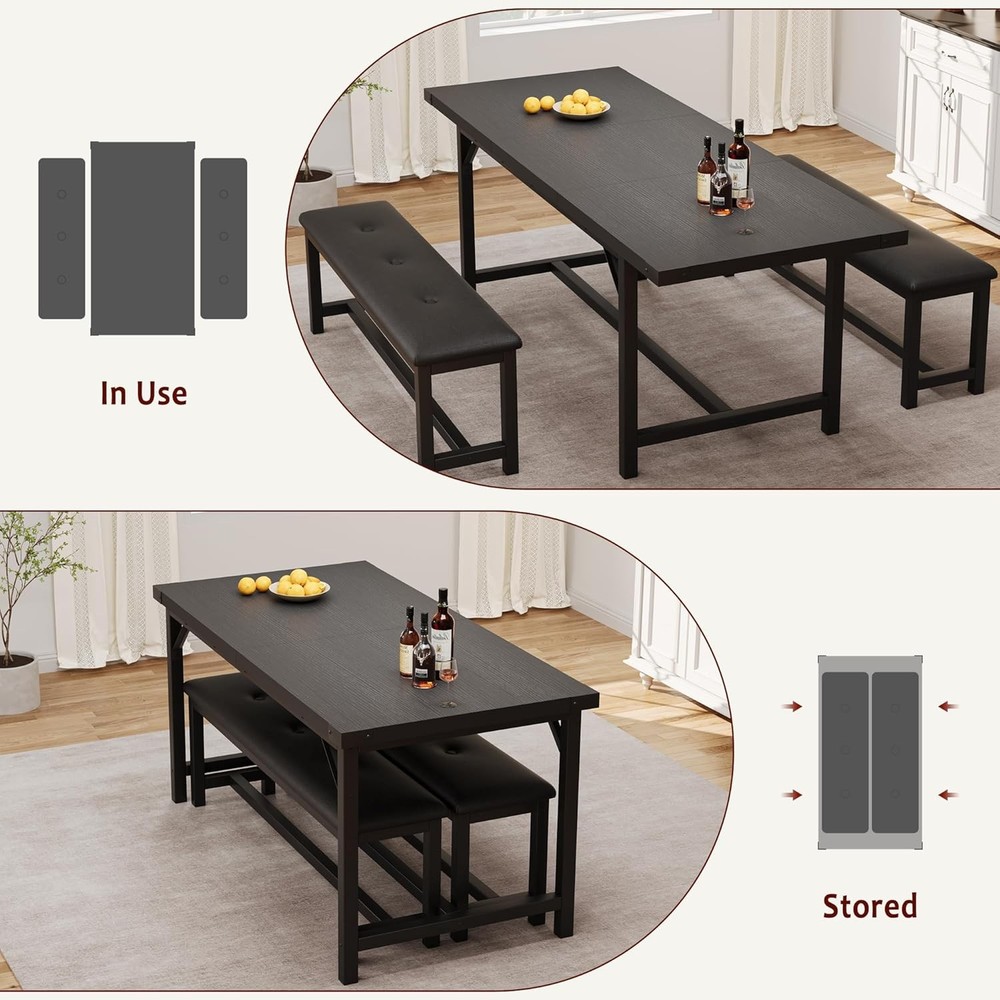 63 in Extendable Dining Table Set for 4-6 People 3-Piece Kitchen Table Set Black
