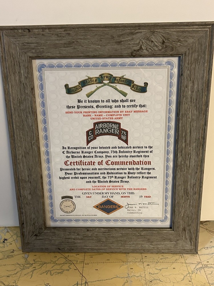 U.S. ARMY RANGER - C CO / 75 INFANTRY COMMENDATION CERTIFICATE (COMMEMORATIVE)