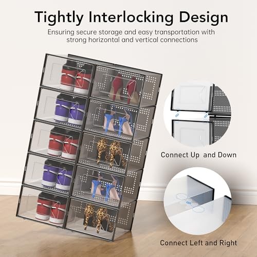 X-Large Shoe Storage Box Clear Plastic Stackable Shoe Organizer 15 Pack Black