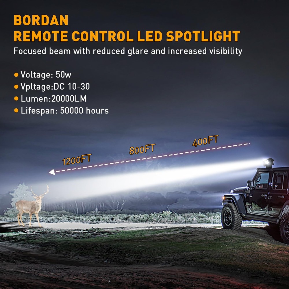 Remote Control LED Spotlight for Trucks Searchlight 50W, 360°Rotating Black