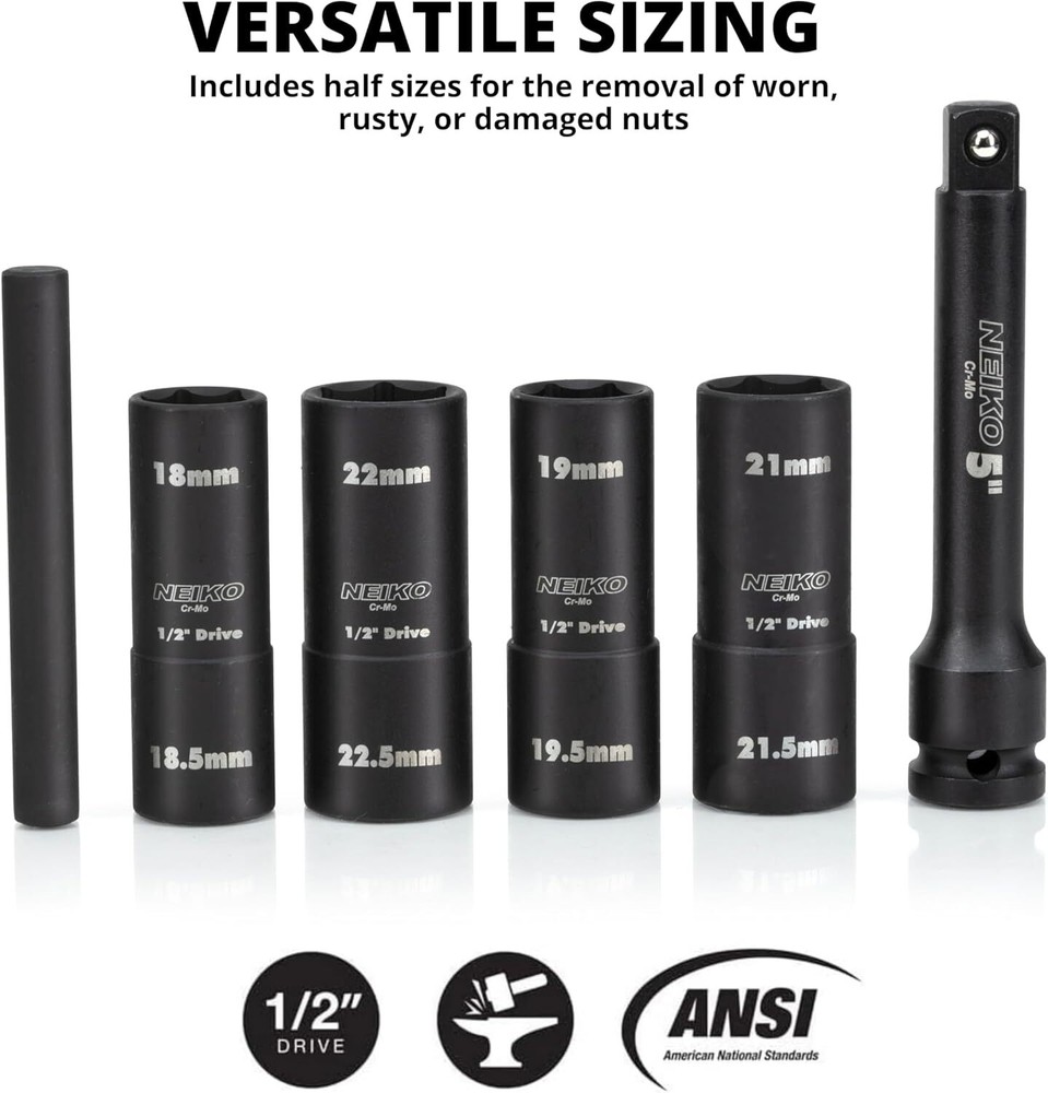 NEIKO 02290B Lug Nut Socket Set 1/2” Impact Thin Wall Flip Socket Set Half