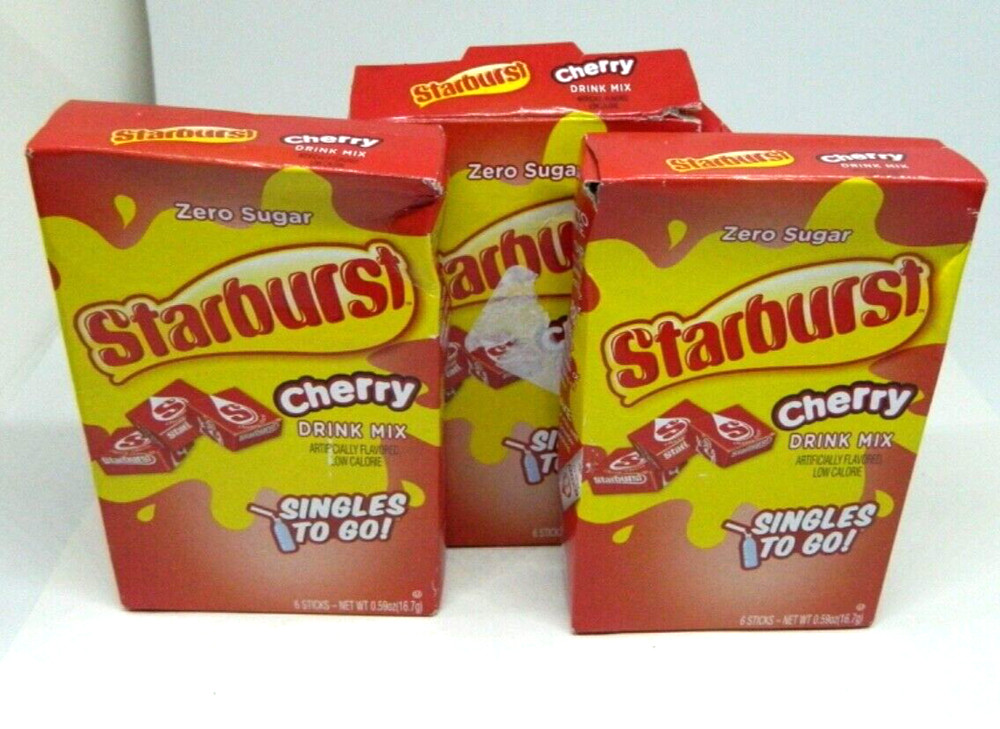 3 Boxes Starburst Cherry Singles Drink Mix 6 Sticks per box BB 2/27