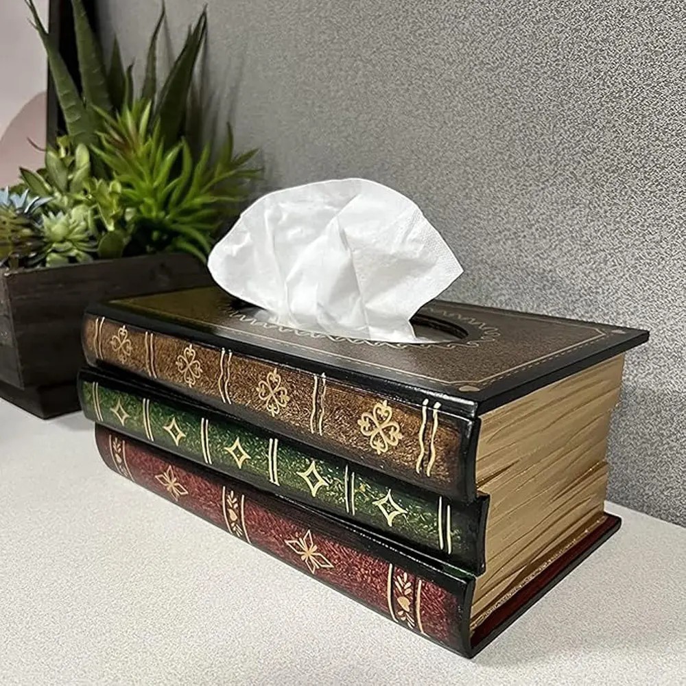 Classical Wooden Antique Book Tissue Box Cover Rectangular Tissue (Black-Simple)