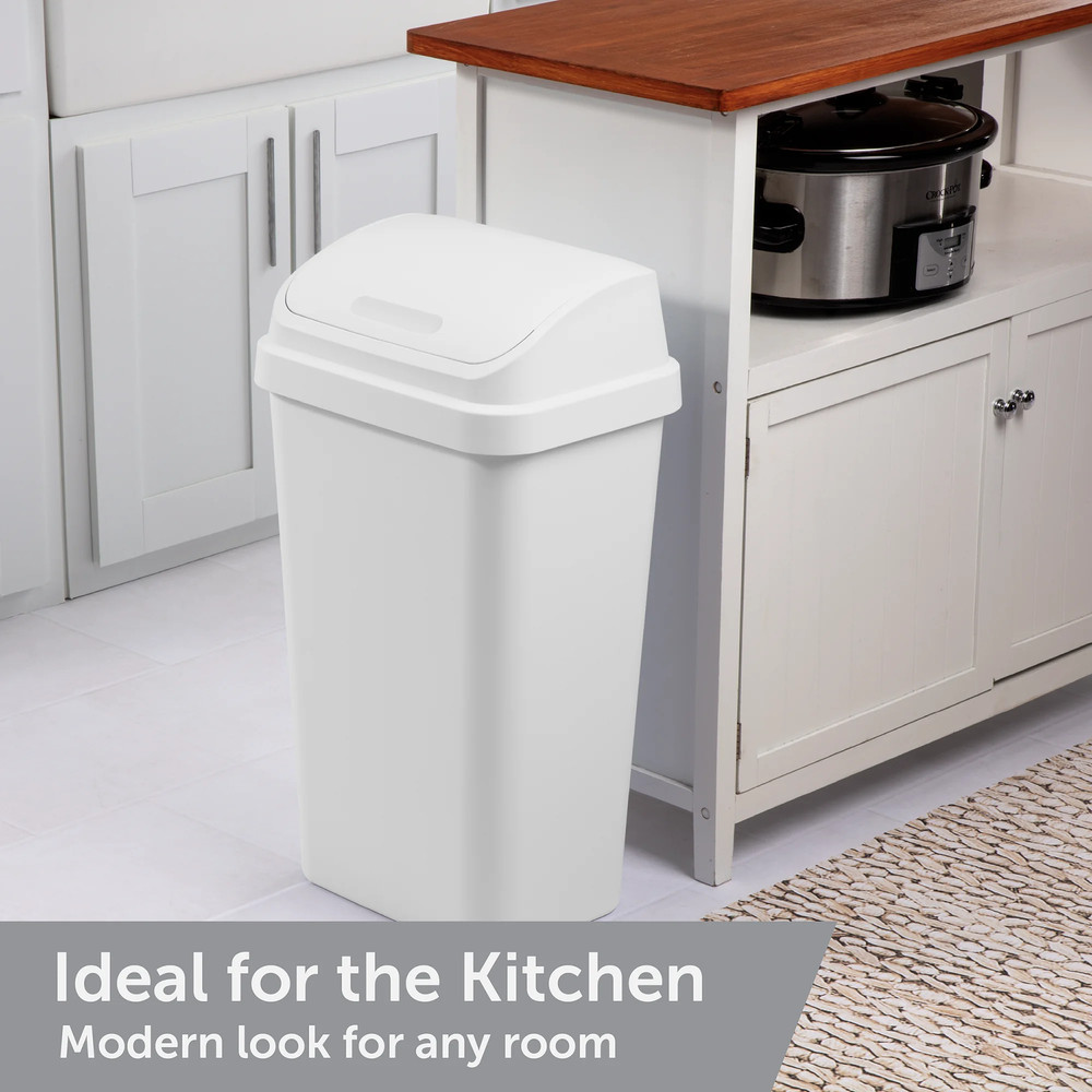 Kitchen Trash Can, 13 Gallon Plastic Garbage Bin with Swing Top Lid, White