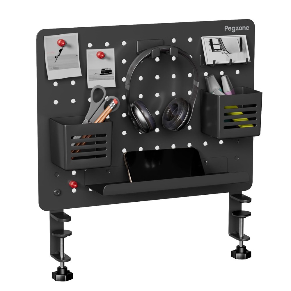 PEGZONE Clamp-on Desk Pegboard, Organizer for Office Medium, Black