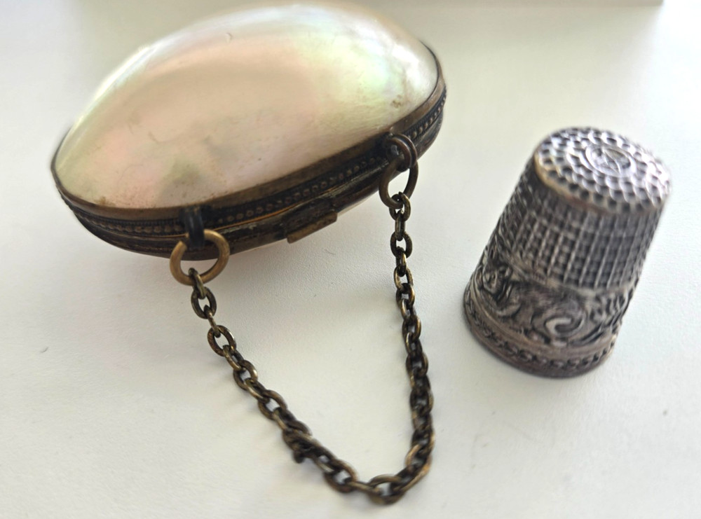 Antique MOP Shell Brass Thimble Holder Chatelaine Chain Figural Silver Thimble